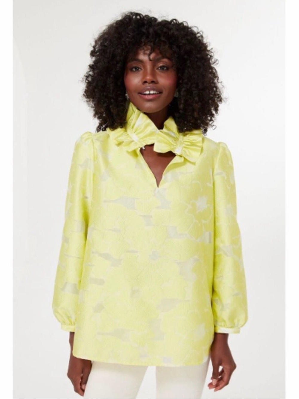 Tuckernuck Citron Bouvier Ruffle Neck Floral Jacquard Blouse Size Small